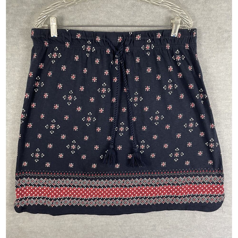 Talbots Pull On Knit Skirt L Elastic Waist Drawstring Navy Blue Floral Diamonds